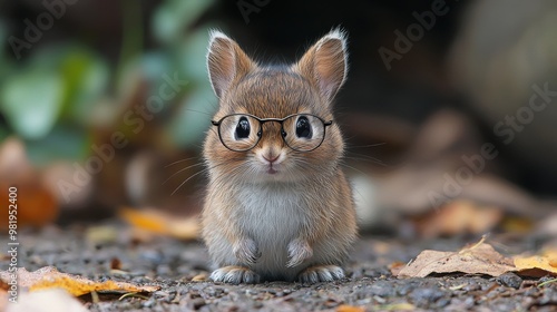 A cute rabbit wearing glasses sits on the ground among autumn leaves in a quiet forest setting