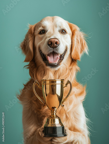 A dog holding a golden trop...