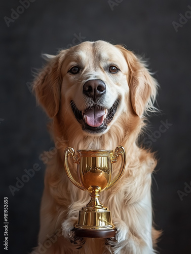 A dog holding a golden trop...