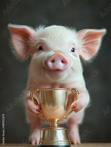 A piglet holding a golden t...