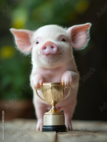 A piglet holding a golden t...