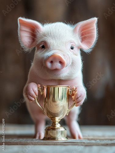 A piglet holding a golden t...