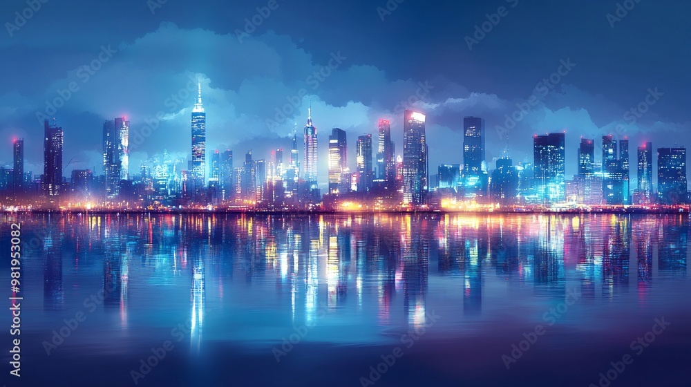 Fototapeta premium Night Cityscape with Water Reflection Urban Skyline Modern Architecture Illuminated Buildings Night Lights
