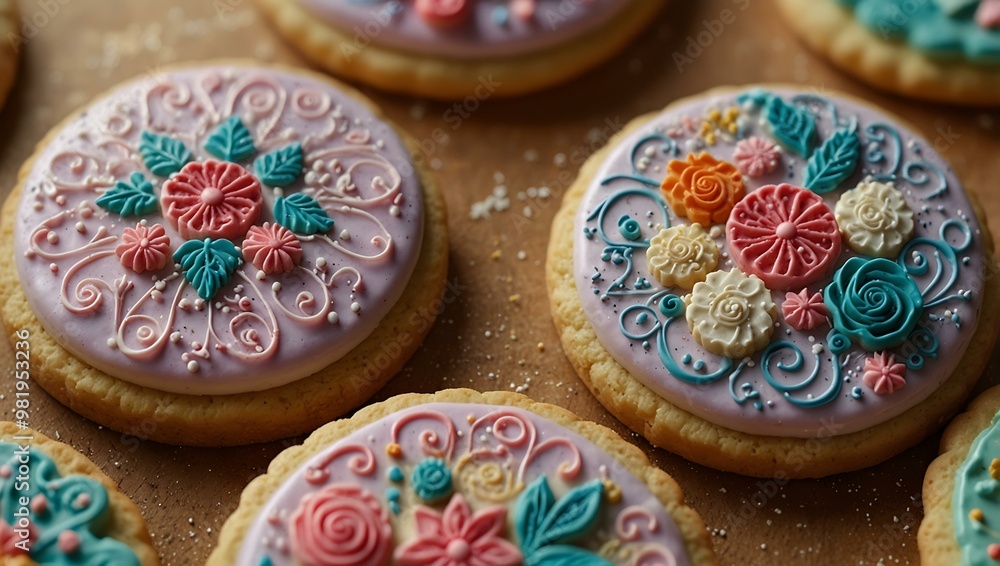 Whimsical sugar cookies with intricate designs on a sprinkle-filled backdrop. Whimsical sugar cookies with intricate designs on a sprinkle-filled backdrop.