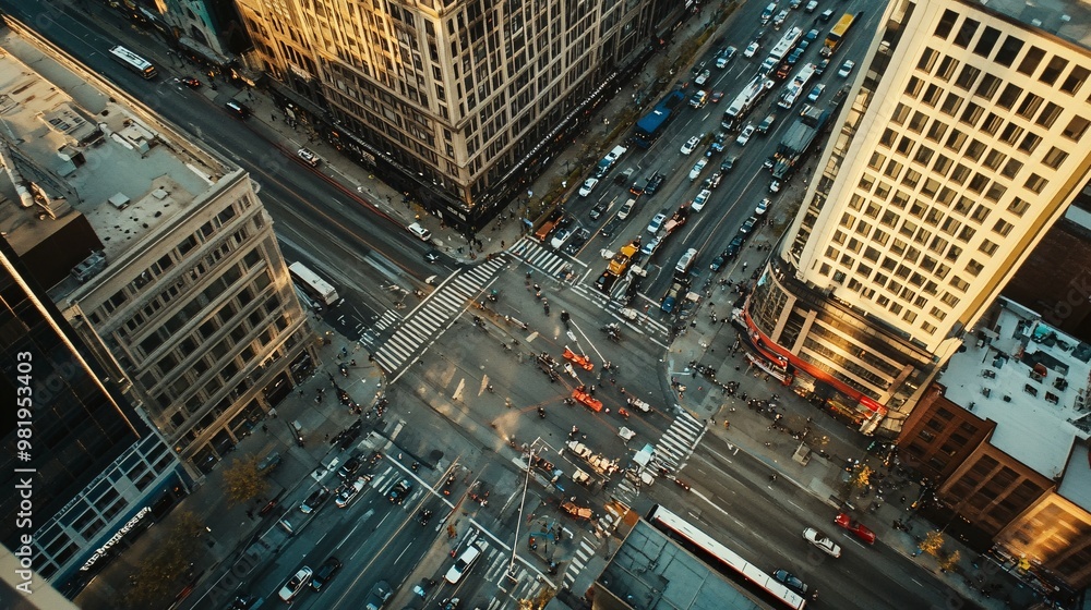 Aerial View of Busy City Intersection with Cars and Buildings Aerial View of Busy City Intersection with Cars and Buildings