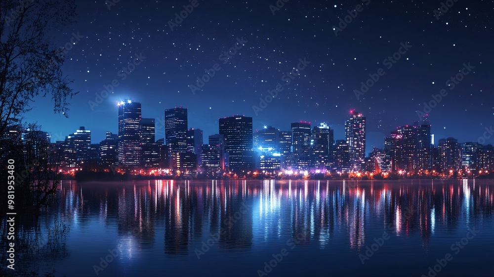 Fototapeta premium Night City Skyline with Stars and Reflections in Water