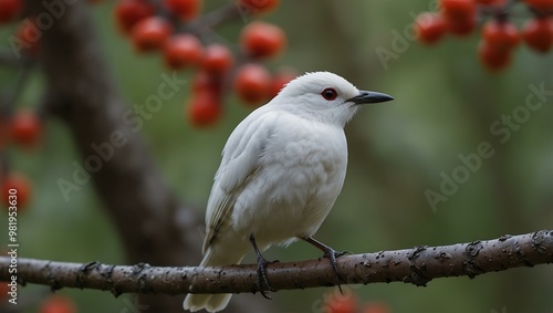 White bird perched by a tree with red-berried branches, blurred background.