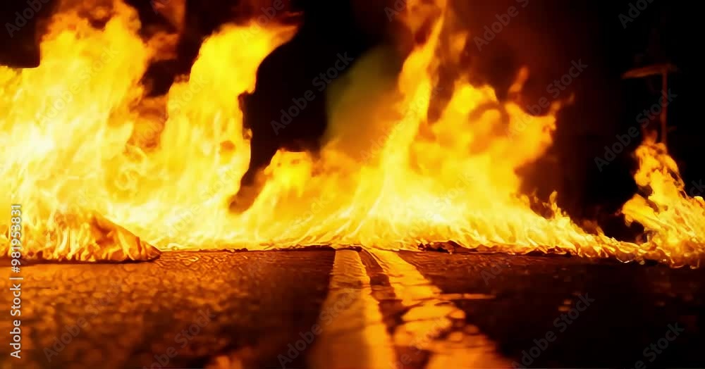 Fire on the highway in the night backgorund Fire on the highway in the night backgorund