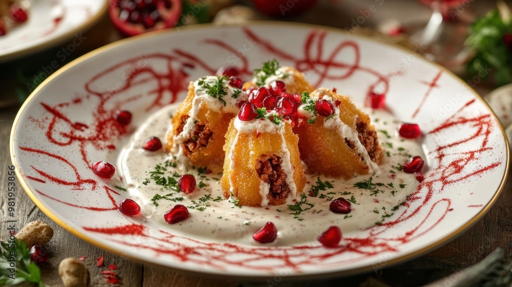 Gourmet Fried Food with Pomegranate Garnish Gourmet Fried Food with Pomegranate Garnish