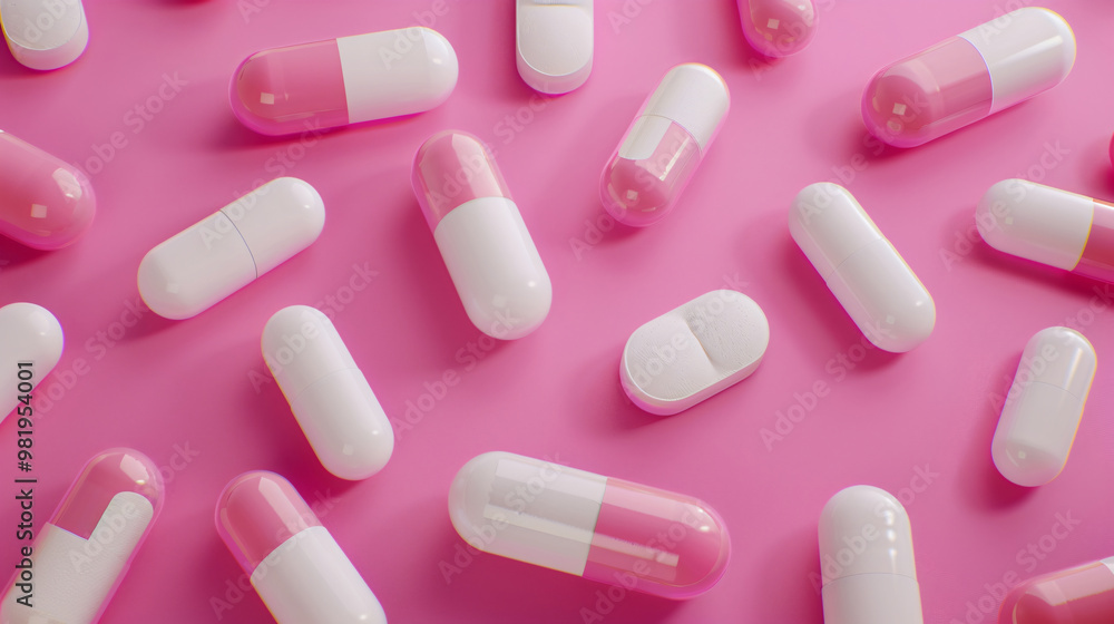 A collection of pink and white capsules scattered across a pink background, highlighting a variety of shapes and sizes for health. A collection of pink and white capsules scattered across a pink background, highlighting a variety of shapes and sizes for health.