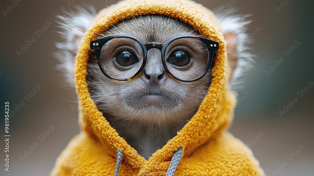 A curious monkey wearing glasses and a yellow hoodie poses for a close-up in a natural setting during daylight A curious monkey wearing glasses and a yellow hoodie poses for a close-up in a natural setting during daylight