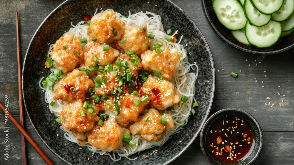 Fried Dumplings with Rice Noodles and Sesame Seeds Fried Dumplings with Rice Noodles and Sesame Seeds