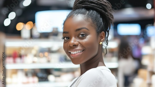 A welcoming young African-American woman greets customers enthusiastically at an upscale cosmetics store surrounded by various beauty products