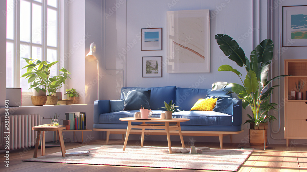 A bright and inviting living room filled with natural light, featuring a blue sofa, wooden coffee table, and various indoor plants, creating a fresh and cozy atmosphere for lifestyle. A bright and inviting living room filled with natural light, featuring a blue sofa, wooden coffee table, and various indoor plants, creating a fresh and cozy atmosphere for lifestyle.