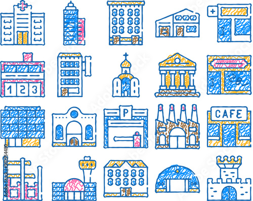 building architecture doodle icons set vector. sketch line art hospital and church, government and hotel building, parking and factory, cafe and castle color illustrations