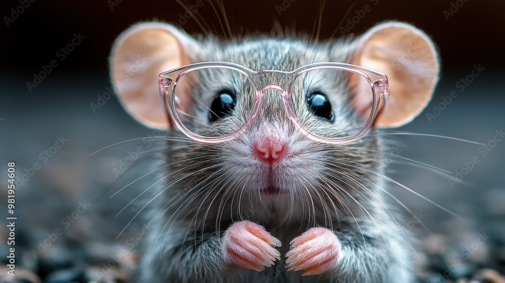 A small mouse wearing glasses poses cutely on a textured surface, showcasing its curious expression and fluffy ears in a playful moment A small mouse wearing glasses poses cutely on a textured surface, showcasing its curious expression and fluffy ears in a playful moment