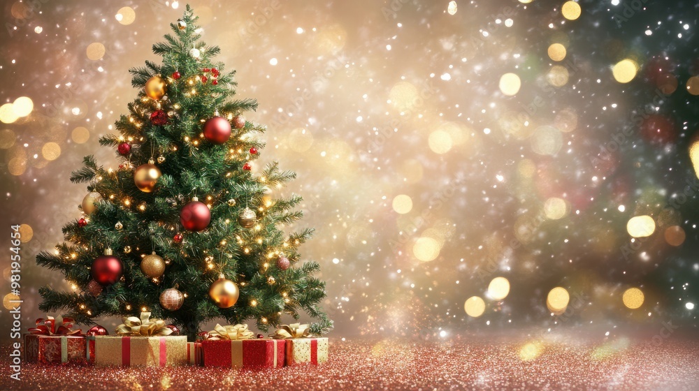 A beautifully decorated Christmas tree with golden and red ornaments against a sparkling holiday background. Capture the festive season with shimmering lights and joyful decorations A beautifully decorated Christmas tree with golden and red ornaments against a sparkling holiday background. Capture the festive season with shimmering lights and joyful decorations