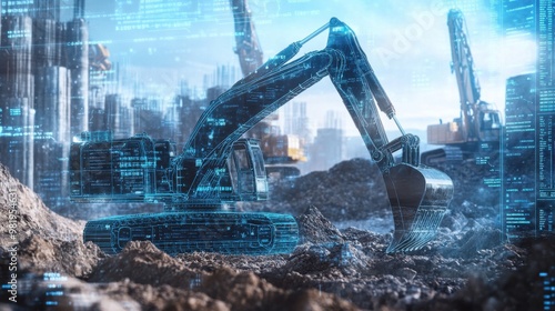 Futuristic hologram of an excavator at a construction site, showcasing innovation amidst blurred machinery