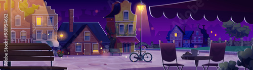 Europe old street in night city vector background. Fantasy vintage building in London illustration. Purple european landscape with sidewalk and home drawing. Coffee on table in historical district