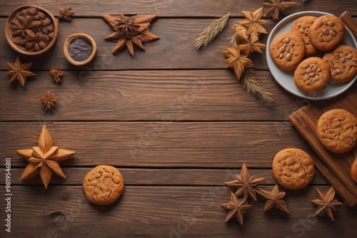 Cookies on a wooden table. Top view. ai generative