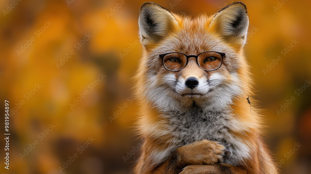 A clever fox wearing glasses poses calmly against a backdrop of vibrant autumn leaves in a forest setting A clever fox wearing glasses poses calmly against a backdrop of vibrant autumn leaves in a forest setting