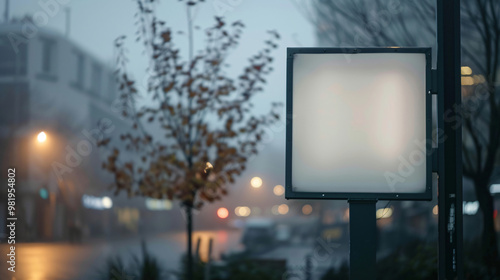 A blurred street scene in fog features a blank advertisement board beside trees, creating an atmosphere of stillness and urban life for social issues.