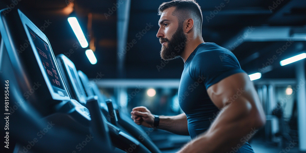 A focused man with beard runs on treadmill in modern gym, showcasing determination and strength. vibrant lighting enhances energetic atmosphere of workout space A focused man with beard runs on treadmill in modern gym, showcasing determination and strength. vibrant lighting enhances energetic atmosphere of workout space