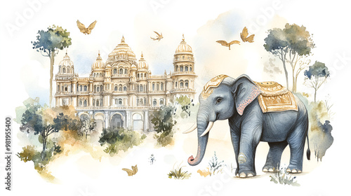 Watercolor illustration for mysore dasara with elephant and palace photo