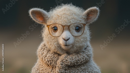 A sheep wearing glasses and a cozy sweater, standing outdoors in a serene pasture during golden hour