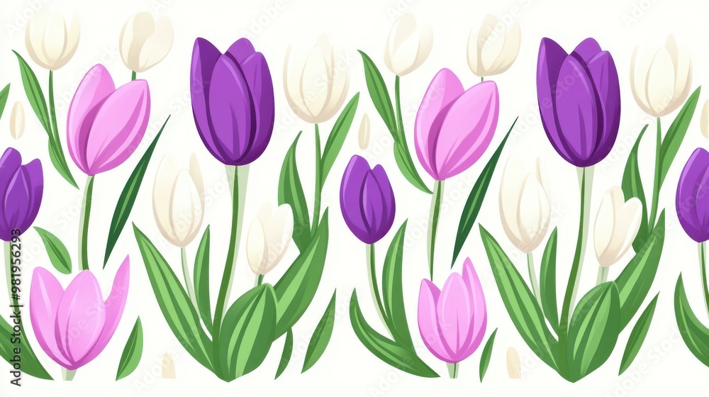 Bright pastel tulips bloom in a sleek flat design, celebrating natures allure with vibrant details and colors. Bright pastel tulips bloom in a sleek flat design, celebrating natures allure with vibrant details and colors.