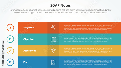 SOAP note infographic concept for slide presentation with box table fullpage colorful with 4 point list with flat style photo