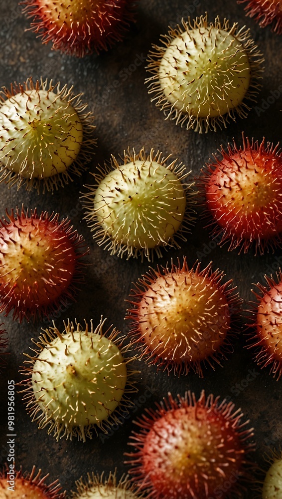 Whole and halved rambutans on a textured surface. Whole and halved rambutans on a textured surface.
