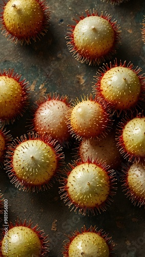 Whole and halved rambutans on a textured surface.