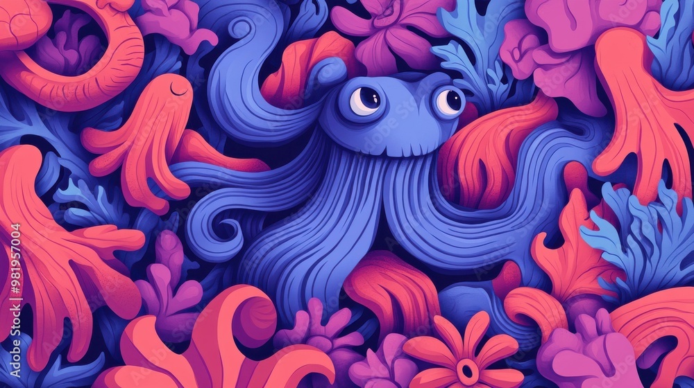 Dive into a whimsical world where a mythical kraken dances amidst vibrant aquatic flora, radiating charm and peace. Dive into a whimsical world where a mythical kraken dances amidst vibrant aquatic flora, radiating charm and peace.
