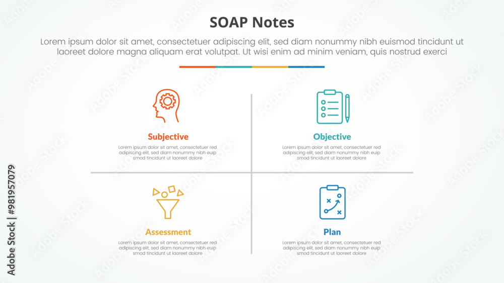SOAP note infographic concept for slide presentation with matrix structure and line divider with 4 point list with flat style SOAP note infographic concept for slide presentation with matrix structure and line divider with 4 point list with flat style