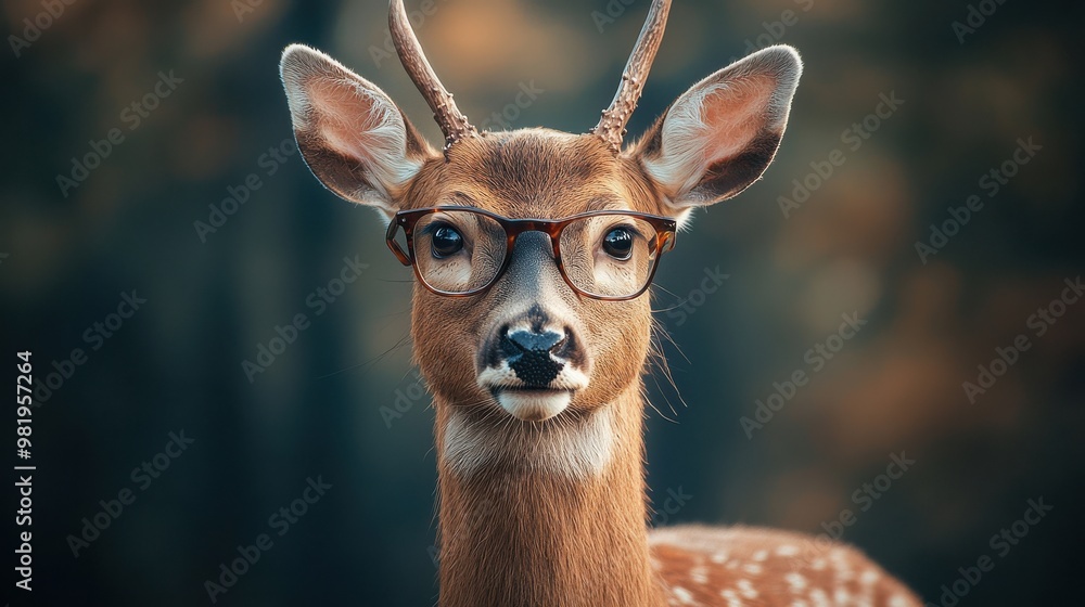 A deer wearing glasses poses in a serene forest setting, showcasing its unique personality and charm during golden hour light A deer wearing glasses poses in a serene forest setting, showcasing its unique personality and charm during golden hour light