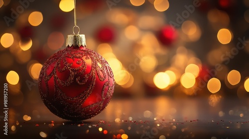 Beautiful red Christmas bauble with ornate glitter hanging on table, festive bokeh for copy space. Red ball as symbol of holiday celebration.