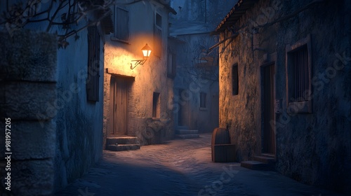 A Narrow, Dark Alleyway Lit by a Single Lantern in a Stone Village