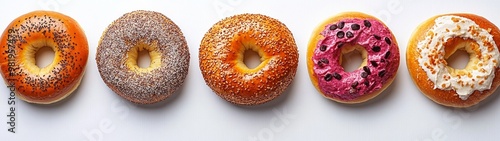 Bagel Delight, a vibrant display of assorted bagels topped with a variety of spreads, set against a clean white background, showcasing their textures and colors beautifully. photo