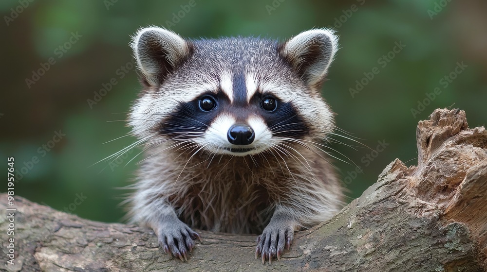 Curious raccoon peering from a tree branch in a lush forest during daylight Curious raccoon peering from a tree branch in a lush forest during daylight