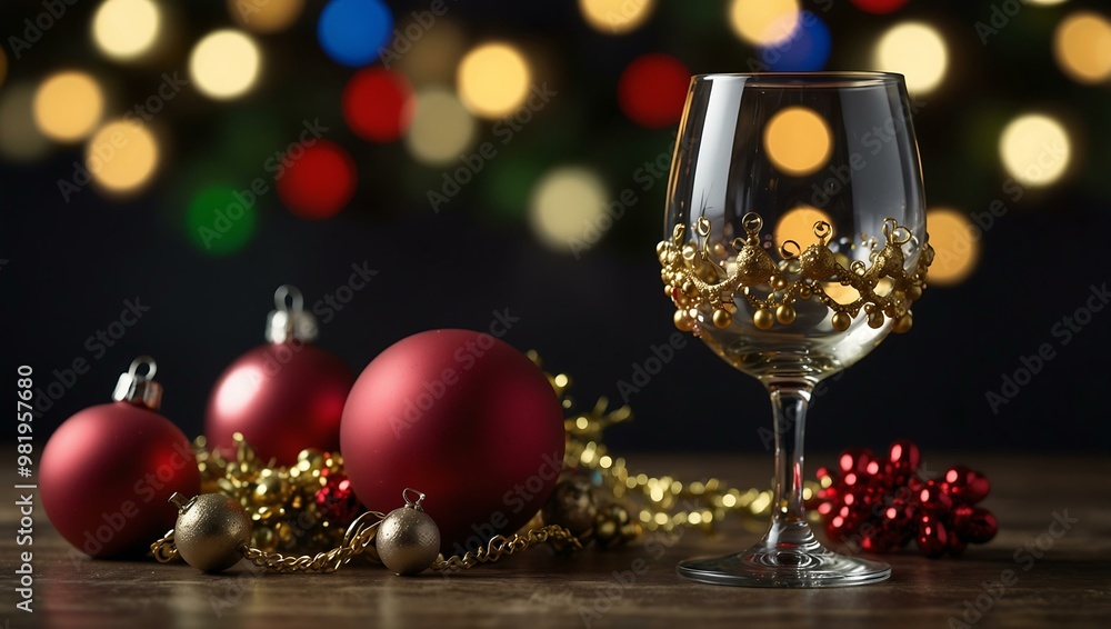 Wine glasses with festive lights and baubles. Wine glasses with festive lights and baubles.