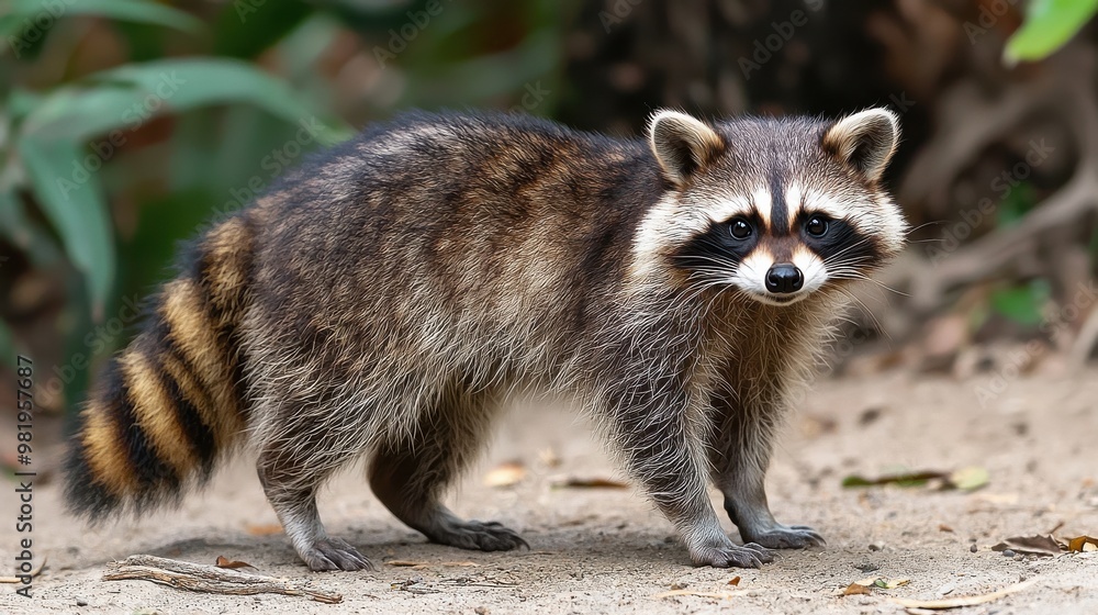 A raccoon exploring its natural habitat on a sunny day among lush greenery in a wildlife area A raccoon exploring its natural habitat on a sunny day among lush greenery in a wildlife area