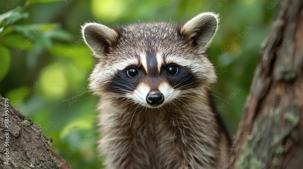 A raccoon curiously gazes while perched on a tree branch in a lush, green forest setting during daylight hours A raccoon curiously gazes while perched on a tree branch in a lush, green forest setting during daylight hours