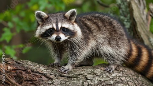 A raccoon exploring a tree trunk in a lush forest during the early morning hours in springtime