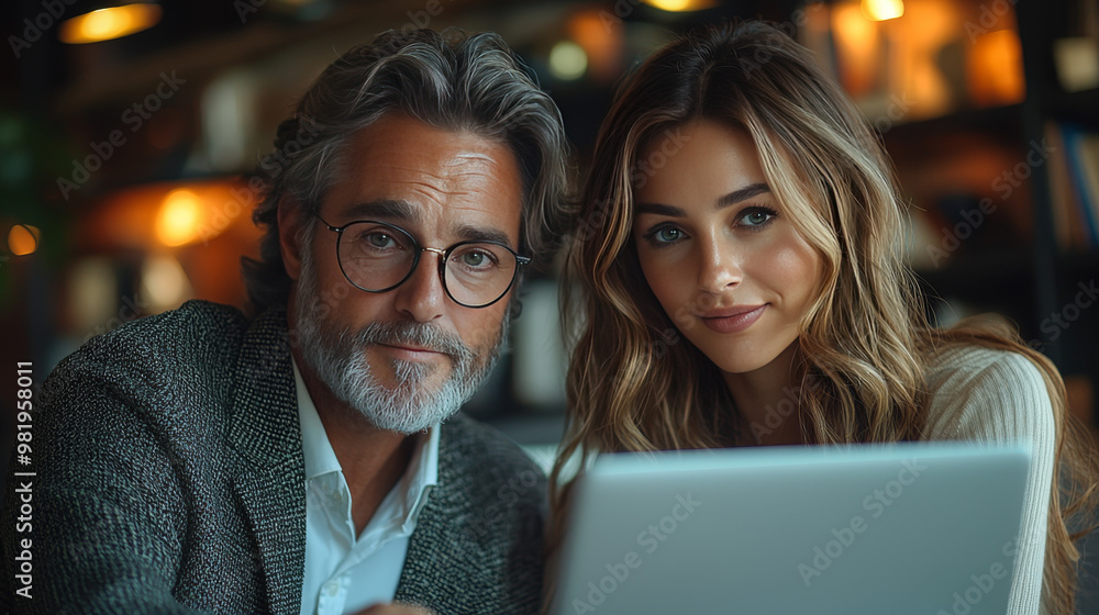 A man and woman look at a laptop. A man and woman look at a laptop.