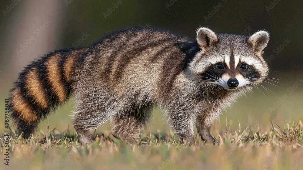 Raccoon exploring a grassy area during daylight in a serene natural environment Raccoon exploring a grassy area during daylight in a serene natural environment