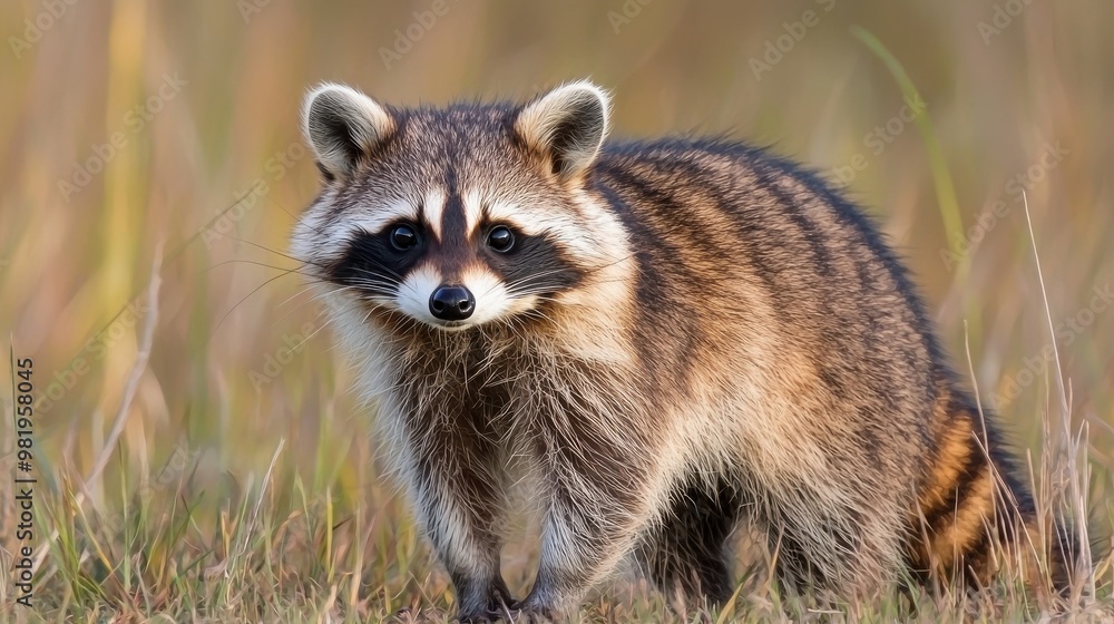 Curious raccoon exploring its natural habitat during golden hour in a grassy field Curious raccoon exploring its natural habitat during golden hour in a grassy field