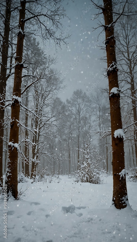 Winter snowfall over a forest with soft snowdrifts. Winter snowfall over a forest with soft snowdrifts.
