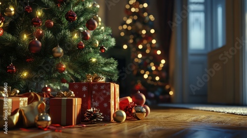 Cadeaux de NoÃ«l au pied du sapin, ambiance de fÃªte avec des dÃ©corations, guirlandes et boules de NoÃ«l photo