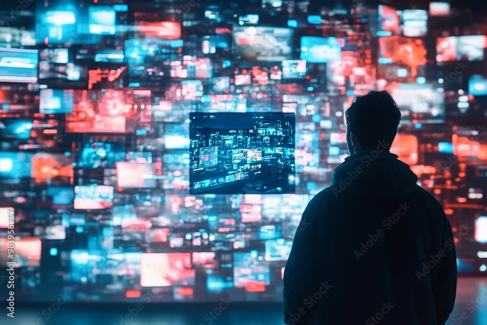 A man stands in front of a wall of screens displaying a chaotic mix of digital information. A man stands in front of a wall of screens displaying a chaotic mix of digital information.